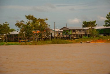Amazon nehri, Amazonas, Brezilya: Ormanda geleneksel yerel binalar, nehir üzerinde küçük ahşap evler. Nehir Amazon manzaralı güzel manzara