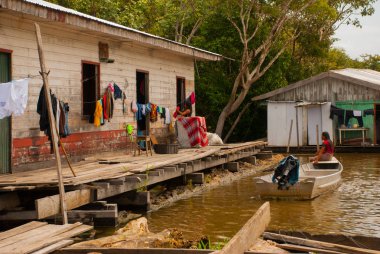 Amazon nehri, Amazonas, Brezilya: Ahşap yerel kulübeler, Brezilya'da Amazon nehri üzerinde evler.