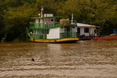 Amazon nehri, Amazonas, Brezilya: Ahşap yerel kulübeler, Brezilya'da Amazon nehri üzerinde evler.