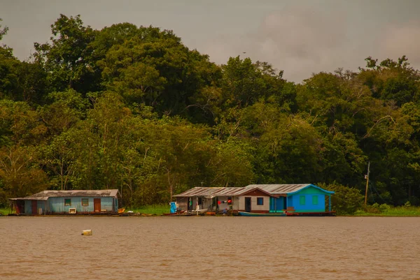 Wooden house on the river bank, Amazon River, rainy season. Amazon river, Amazonas, Brazil — 스톡 사진