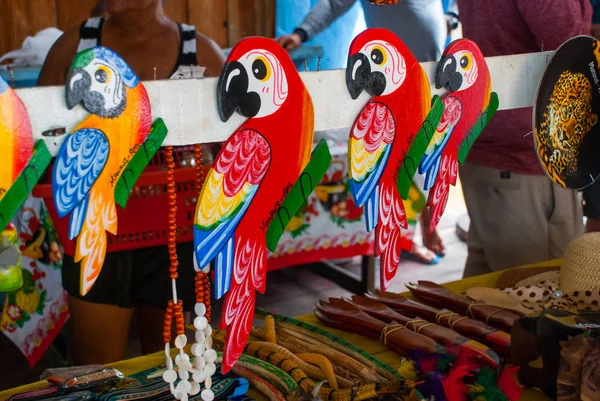 Piękna kolorowa papuga. Pamiątki w dżungli amazońskiej wykonane z lokalnych orzechów i zwierząt w pobliżu Iquitos. Rynek dla turystów na rzece Amazonii. Amazonas, Brazylia — Zdjęcie stockowe