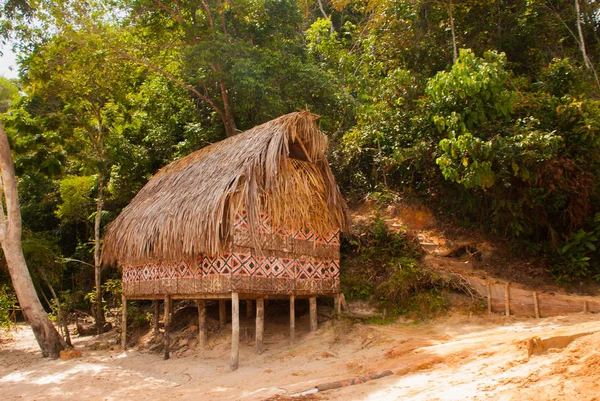 Grande casa coberta com capim-macaco, aldeia indígena da tribo perto de Manaus, Amazonas, Brasil — Fotografia de Stock