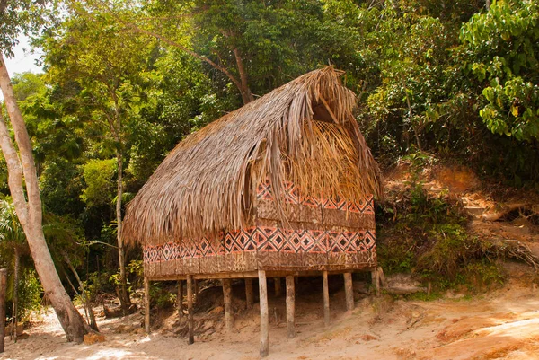 Duży dom pokryty trawą SAPE, wioska rdzennych plemienia w pobliżu Manaus, Amazonas State, Brazylia — Zdjęcie stockowe