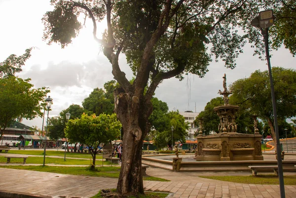 Vacker fontän med änglar nära templet. Matriz kyrka i portugisiska Igreja Matriz, Manaus Amazonas, Brasilien — Stockfoto