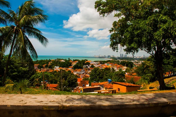 Olinda, Brasilien: utsikt över Olindas historiska centrum från toppen av Alto da se Hill, Recife i bakgrunden — Stockfoto