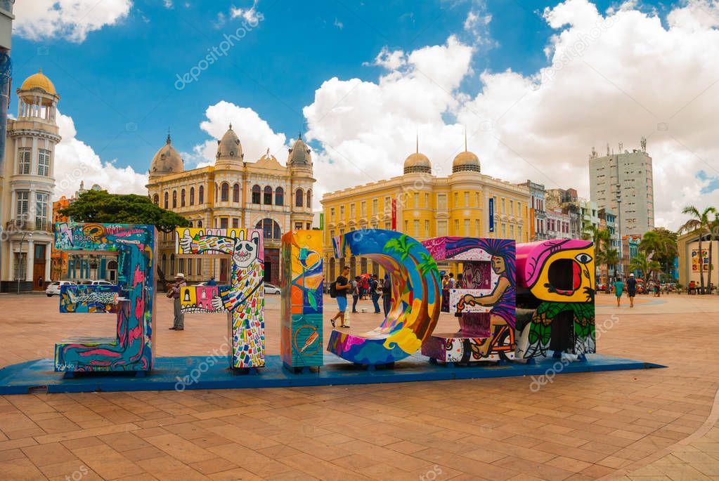 RECIFE, BRAZIL: The historic architecture of Recife in Pernambuco, Brazil at Marco Zero Square on a sunny summer day.