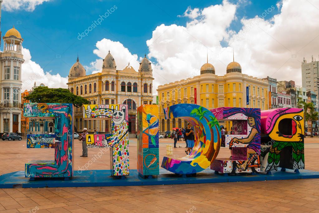 RECIFE, BRAZIL: The historic architecture of Recife in Pernambuco, Brazil at Marco Zero Square on a sunny summer day.