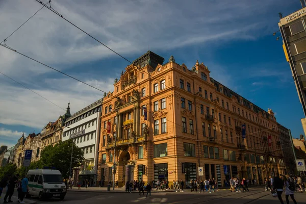 Prague, Czech Republic, Wenceslas square: Beautiful unusual art Nouveau buildings in the city center. — Stock Photo, Image