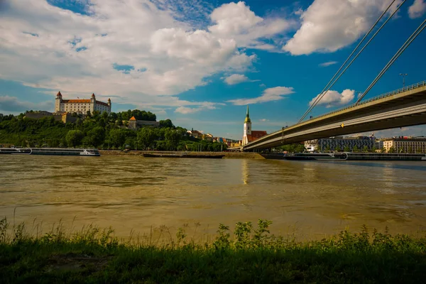 Вид на замок Братислави, собор Святого Мартіна та Старе місто над річкою Дунай у місті Братислава, Словаччина — стокове фото