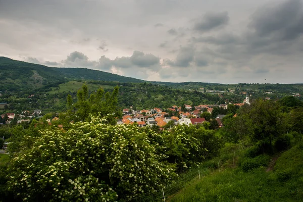 BRATISLAVA, SLOVAQUIE : Beau paysage avec collines, arbres, prairies et maisons de village près de la forteresse - Devin Castle — Photo