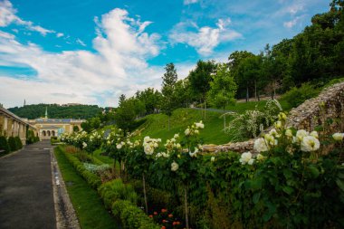 Budapeşte, Macaristan: Bitki ve çiçeklerle dolu güzel park. Budapeşte Kraliyet Sarayı bahçe pavyonu