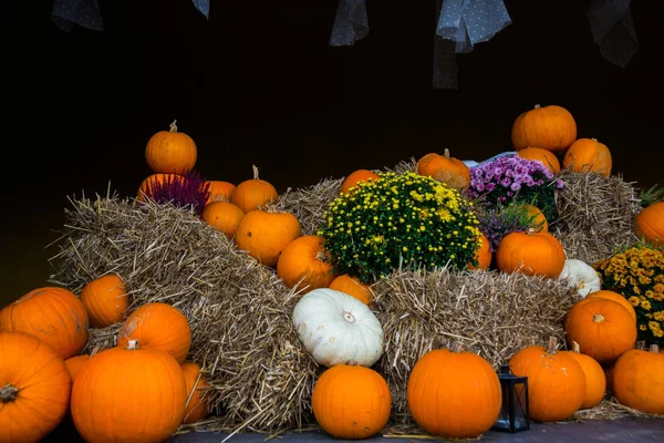 Pumpa och andra grönsaker i Halloween semester. Vit mask och slöja. — Stockfoto