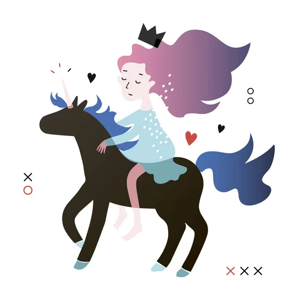 Ilustração Vetor Criativa Moda Princesa Com Cabelos Coloridos Unicórnio Preto —  Vetores de Stock