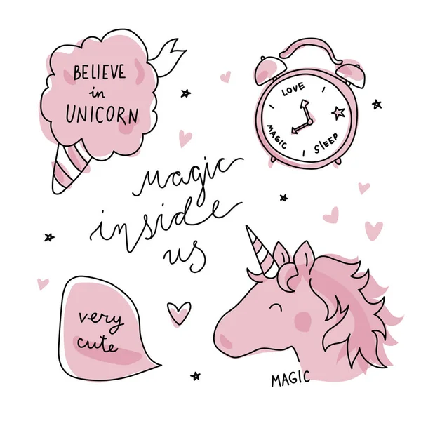 Son Moda yaratıcı vektör çizim. Tek boynuzlu atlar ve eğlenceli grafik öğeleri. Şirin çalar saat, pamuk şeker, konuşma balonu ve pembe renkli, beyaz bir arka plan üzerinde izole yazı.