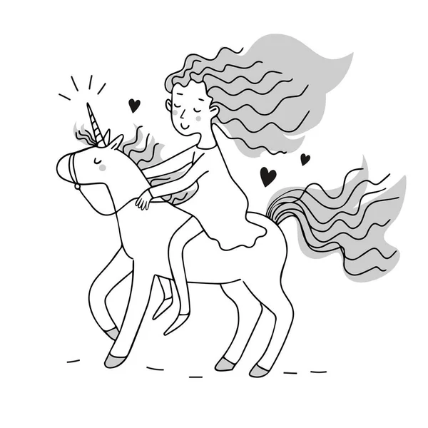 矢量单色插图 卡通公主女孩骑在她可爱的马独角兽 — 图库矢量图片