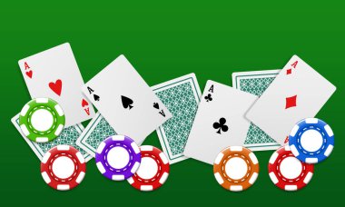 Yeşil arka planda çipler ve kartlar. Vektör illüstrasyonu.