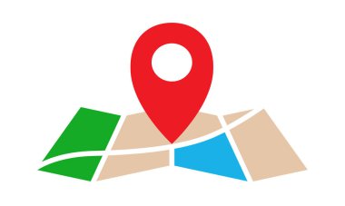 Harita ve iğne. Beyaz arkaplanda vektör renk simgesi izole edildi