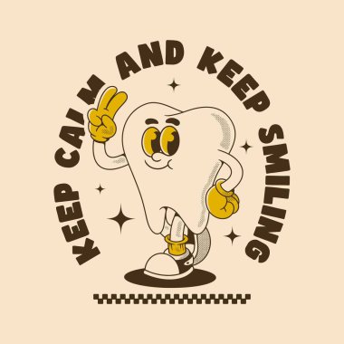 Klasik diş maskotu çizimi herkese sakin olmalarını ve gülümsemelerini hatırlatıyor.