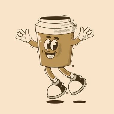 Açık bej arka planda gülümseyen ve dans eden neşeli bir kahve fincanı karakteri.
