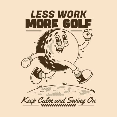 Gülen bir golf topunun eski tarz çizimi ve neşeli golf mesajı tasarımı.