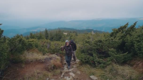 Giovane Coppia Escursioni Montagna — Video Stock