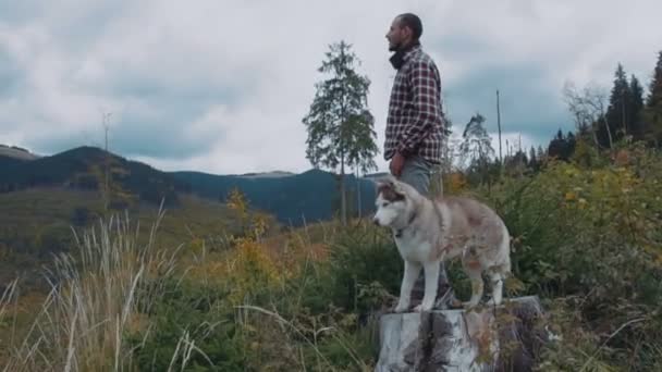 Kaukasischer Rüde Wandert Mit Sibirischem Husky Hund Den Bergen — Stockvideo