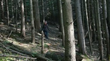 Genç kadın dağ ormanda yürüyüş