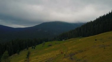 Alçak bulutlar ve yürüyüş backpackers günbatımı sırasında güzel Karpat Dağları manzara havadan görünümü