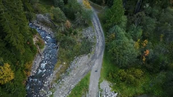 Vue aérienne par drone de la forêt d'automne et de la rivière étonnantes dans les montagnes 