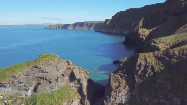 Aerial Shot Carrick Rede Rope Bridge Northern Ireland — Stock Video