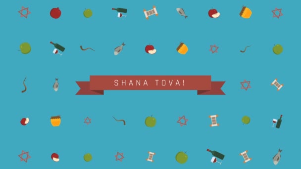 Rosh Hashanah holiday flat design animation bakgrund med traditionella symboler med text i engelska ”Shana Tova” menande ”har ett bra år”. slinga med alfakanal. — Stockvideo