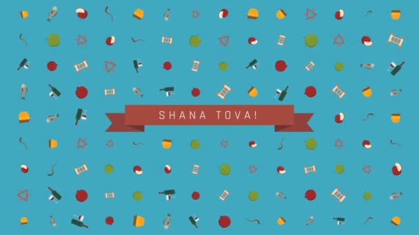 Rosh Hashanah holiday flat design animation bakgrund med traditionella symboler med text i engelska ”Shana Tova” menande ”har ett bra år”. slinga med alfakanal. — Stockvideo