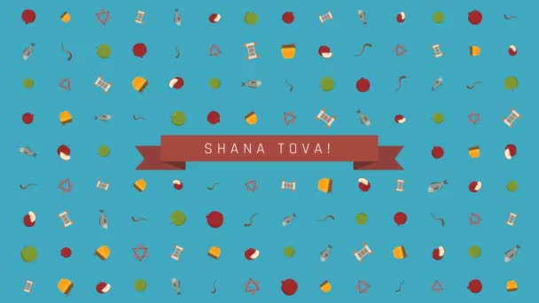 Rosh Hashaná vacaciones plano fondo de animación de diseño con símbolos tradicionales con texto en Inglés "Shana Tova" que significa "Tener un buen año". bucle con canal alfa . — Vídeo de stock