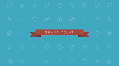 Rosh Hashanah tatil düz animasyon arka plan ile geleneksel anahat simgesini simgeleri ile metin İngilizce 
