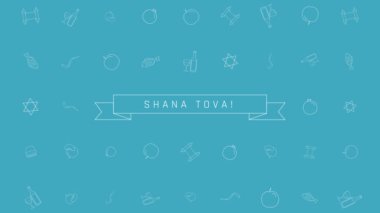 Rosh Hashanah tatil düz animasyon arka plan ile geleneksel anahat simgesini simgeleri ile metin İngilizce 