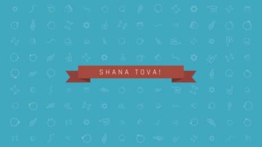 Rosh Hashanah tatil düz animasyon arka plan ile geleneksel anahat simgesini simgeleri ile metin İngilizce 