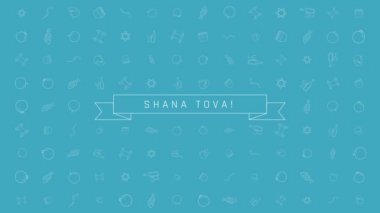 Rosh Hashanah tatil düz animasyon arka plan ile geleneksel anahat simgesini simgeleri ile metin İngilizce 