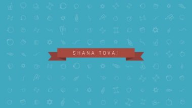 Rosh Hashanah tatil düz animasyon arka plan ile geleneksel anahat simgesini simgeleri ile metin İngilizce 