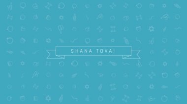 Rosh Hashanah tatil düz animasyon arka plan ile geleneksel anahat simgesini simgeleri ile metin İngilizce 