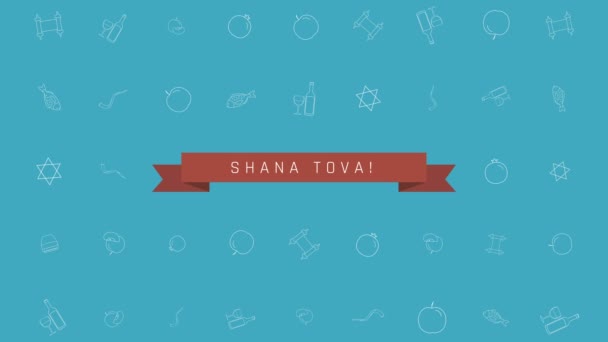 Rosh Hashanah holiday flat design animation background with traditional outline icon symbols with text in english "Shana Tova" meaning "Have a good year". loop with alpha channel. — Stock Video