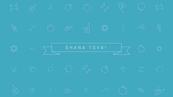 Rosh Hashaná vacaciones plano de diseño de fondo de animación con símbolos de iconos esquema tradicionales con texto en Inglés "Shana Tova" que significa "Que tengas un buen año". bucle con canal alfa . — Vídeos de Stock