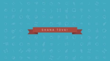 Rosh Hashanah tatil düz animasyon arka plan ile geleneksel anahat simgesini simgeleri ile metin İngilizce 