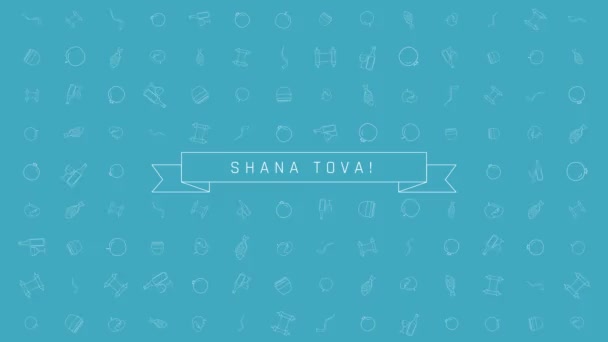 Rosh Hashaná vacaciones plano de diseño de fondo de animación con símbolos de iconos esquema tradicionales con texto en Inglés "Shana Tova" que significa "Que tengas un buen año". bucle con canal alfa . — Vídeo de stock
