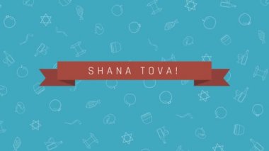 Rosh Hashanah tatil düz animasyon arka plan ile geleneksel anahat simgesini simgeleri ile metin İngilizce 