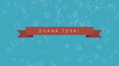 Rosh Hashanah tatil düz animasyon arka plan ile geleneksel anahat simgesini simgeleri ile metin İngilizce 