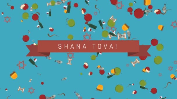 Rosh Hashanah Holiday Flat Design Animation Bakgrund Med Traditionella Symboler — Stockvideo