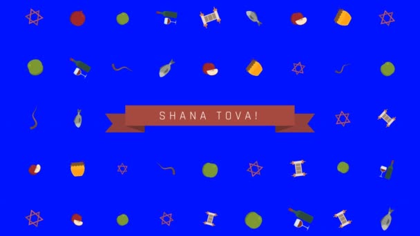 Rosh Hashanah tatil düz metin İngilizce "Shana Tova" anlam ile geleneksel semboller ile "iyi bir yıl var" animasyon arka plan tasarım. Alfa kanalı ile döngü. — Stok video