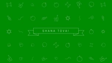 Rosh Hashanah tatil düz animasyon arka plan ile geleneksel anahat simgesini simgeleri ile metin İngilizce 