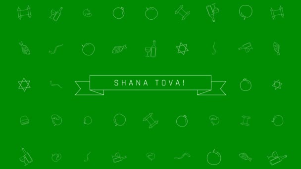 Rosh Hashanah vacanza piatto design animazione sfondo con i tradizionali simboli icona contorno con testo in inglese "Shana Tova" che significa "Buon anno". loop con canale alfa . — Video Stock