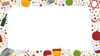 Rosh Hashanah tatil düz tasarım simgeler ile çerçeve. Şablon metin, arka plan üzerinde izole için yer ile.